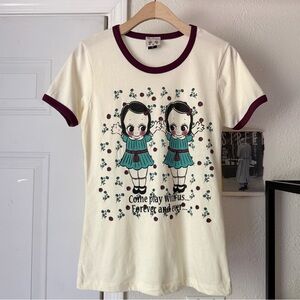 MISS LADYBUG off white burgundy graphic cotton crew neck short sleeve tee